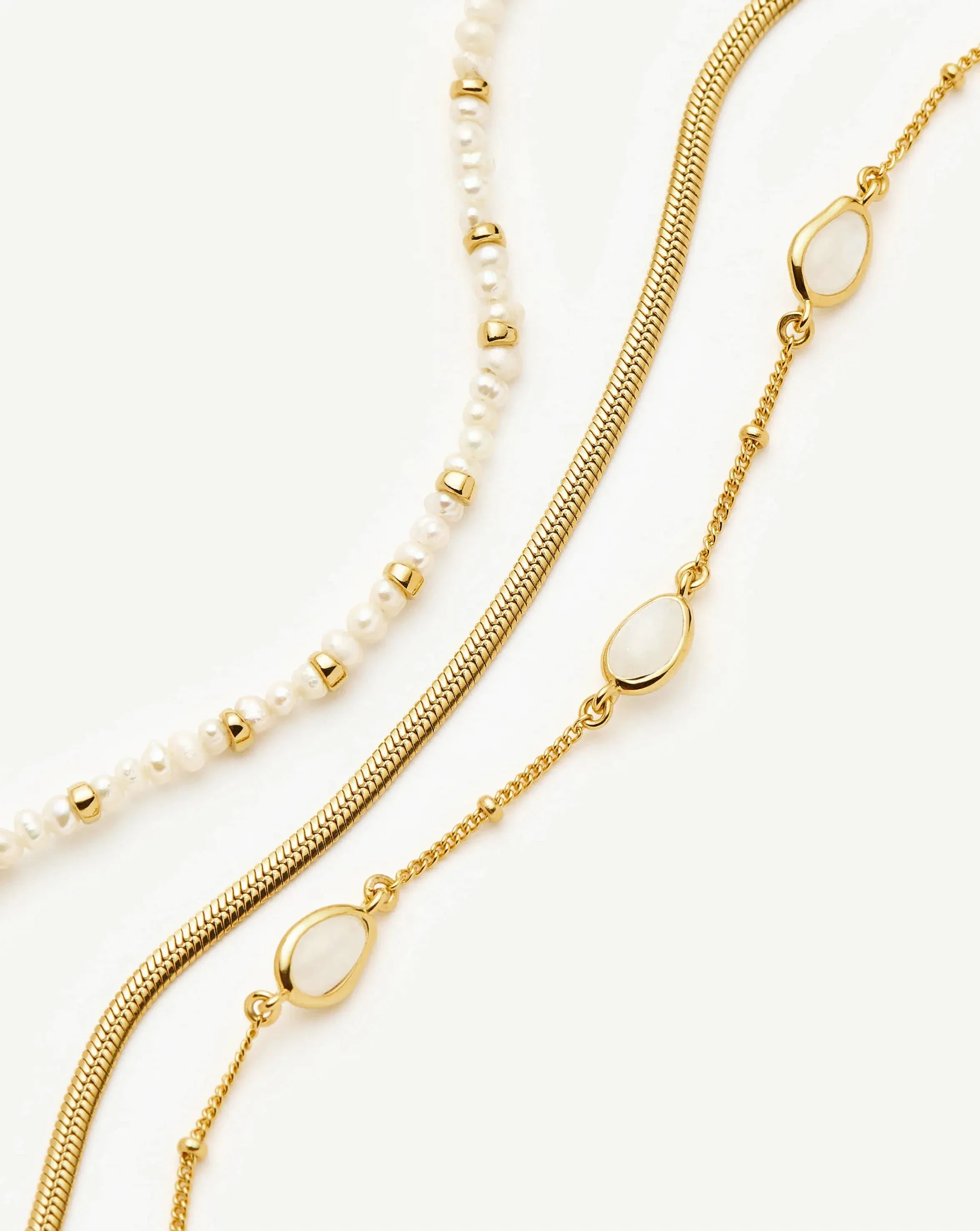 Pearl & Snake Chain Triple Bracelet Set  | 18ct Gold Plated/Pearl - Image 5