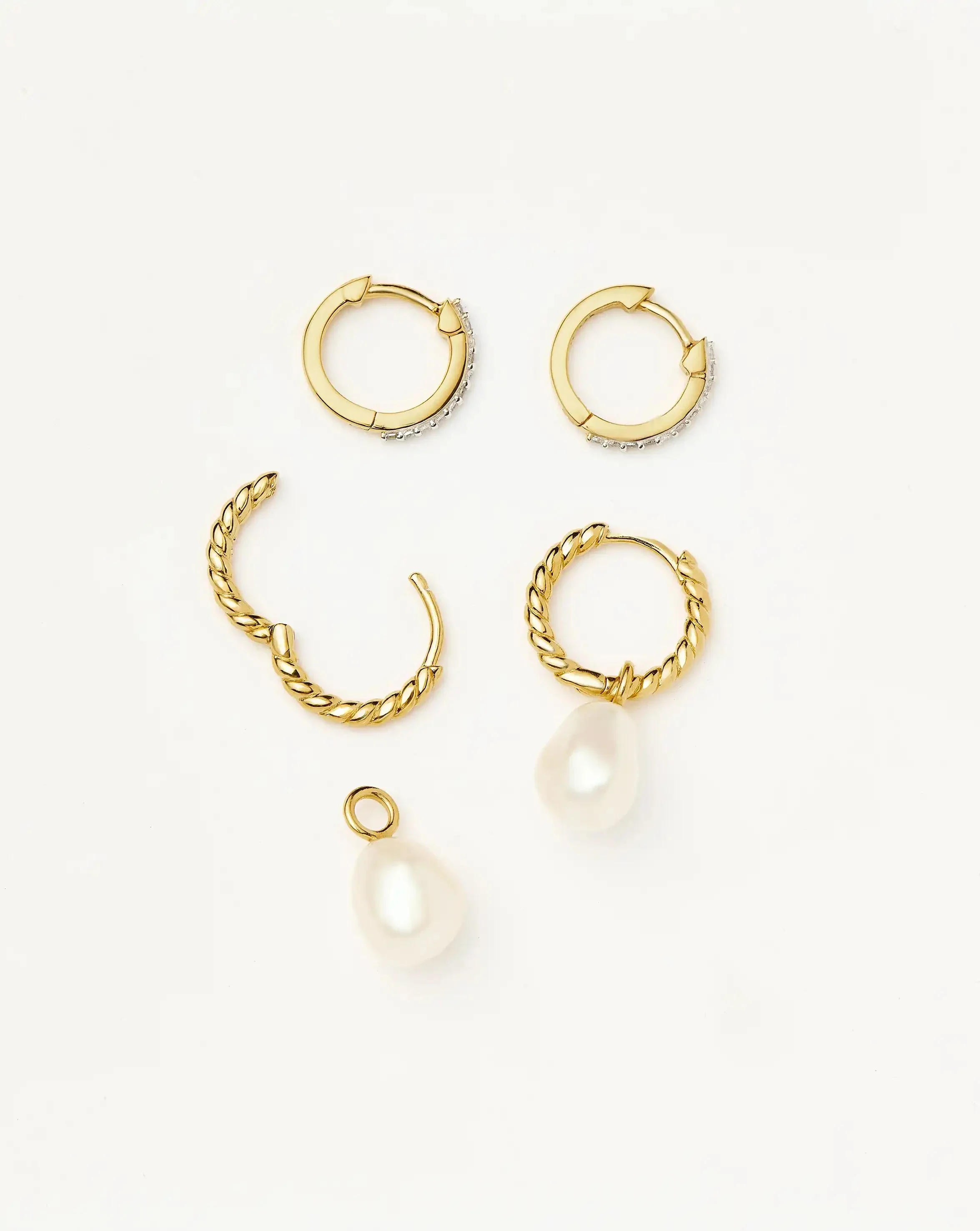 Pearl Twisted Drop Earrings & Classic Pave Huggies Set | 18ct Gold Vermeil/Pearl/Cubic Zirconia