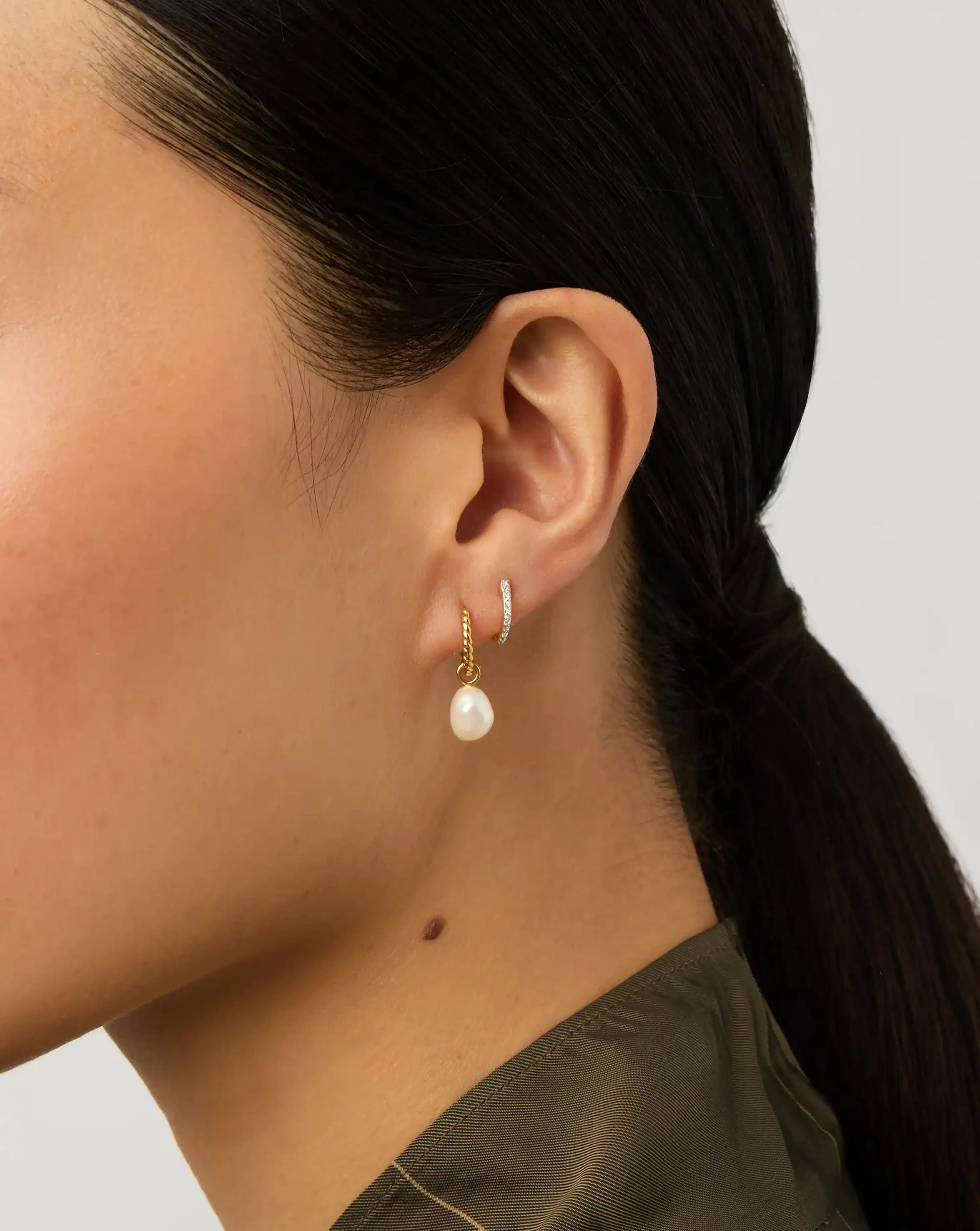 Pearl Twisted Drop Earrings & Classic Pave Huggies Set | 18ct Gold Vermeil/Pearl/Cubic Zirconia - Image 2