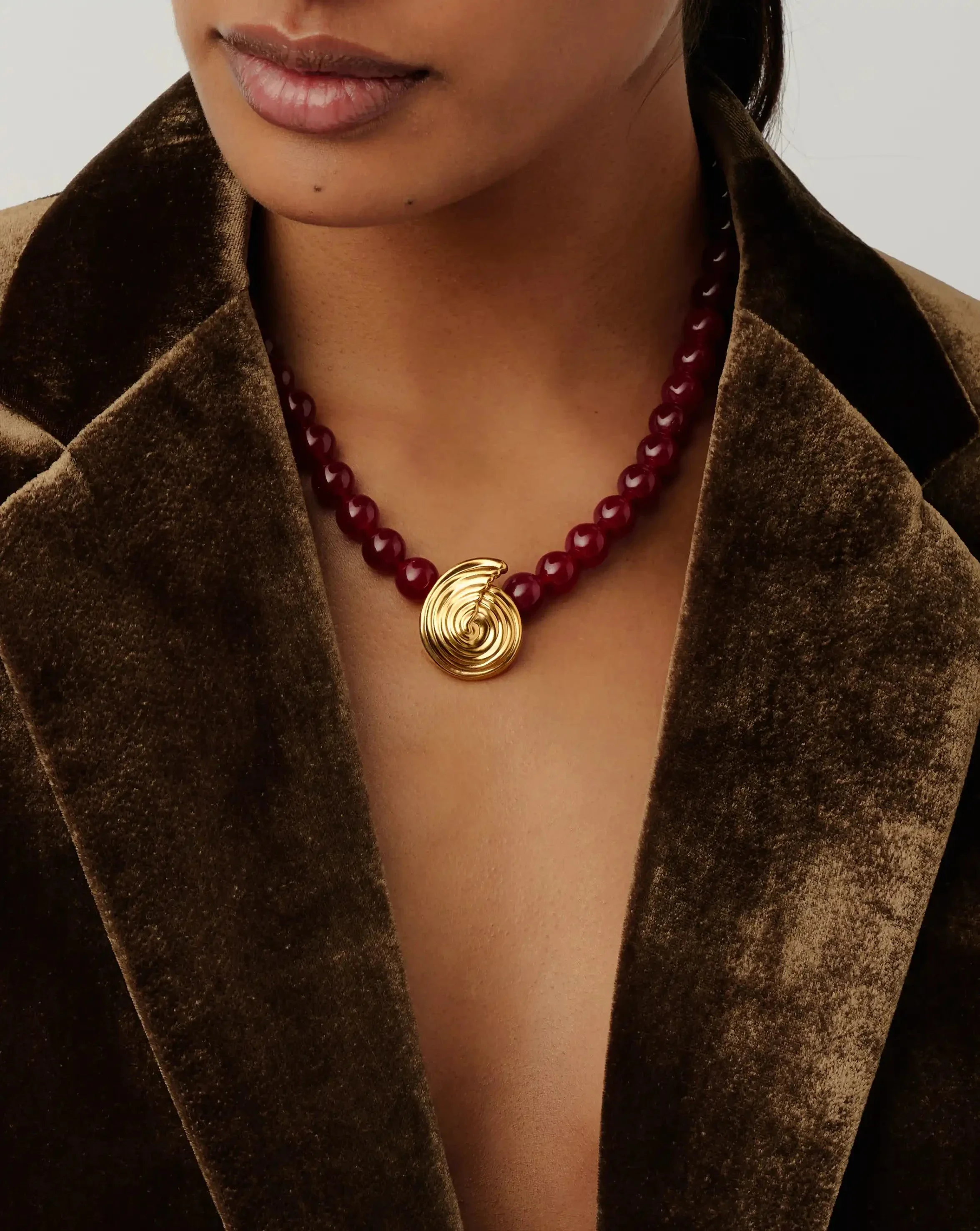 Spiral Gemstone Beaded Pendant Necklace | 18ct Gold Plated/Dark Cherry Crystal Quartz - Image 2
