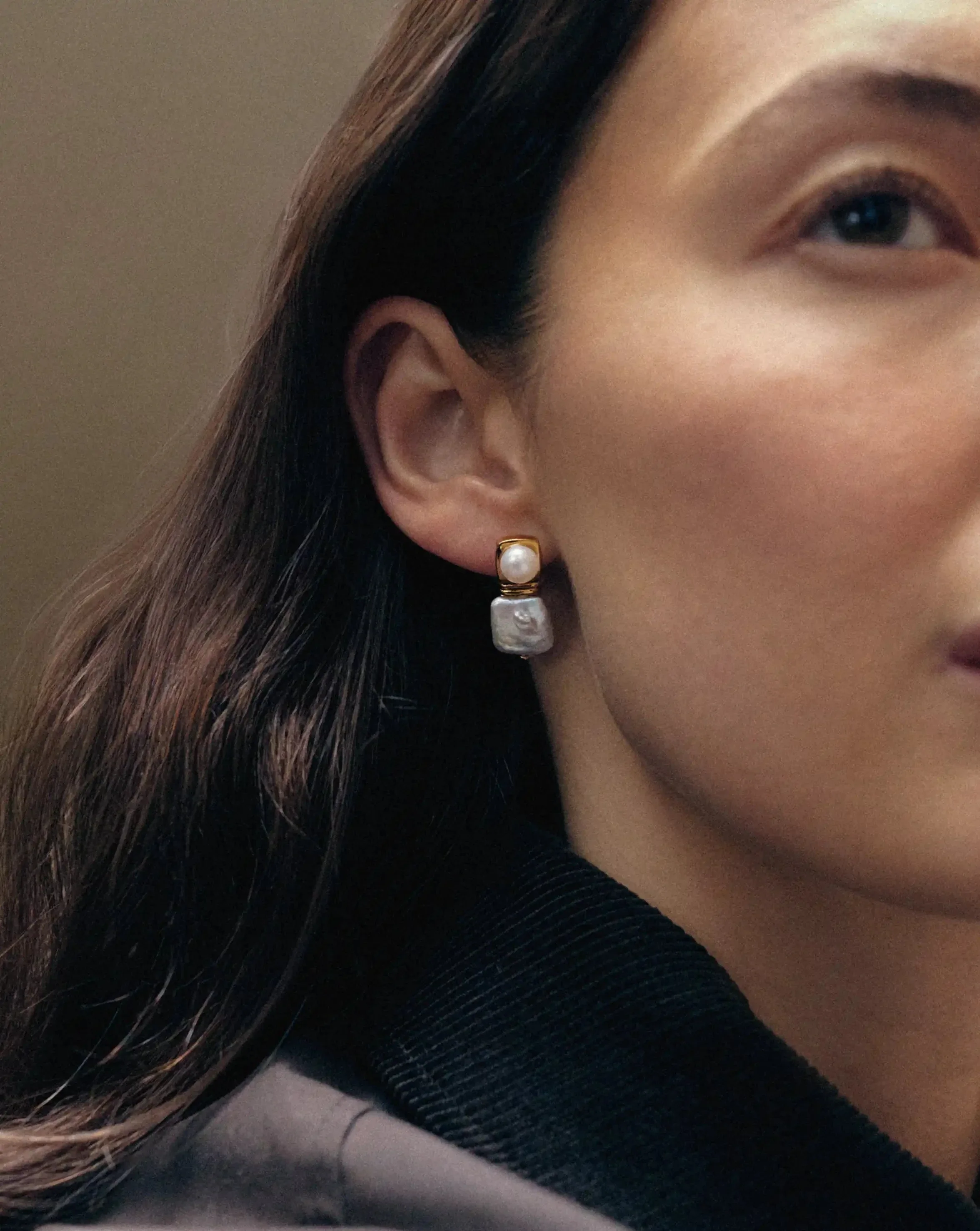 Square Pearl Small Stud Earrings | 18ct Gold Plated - Image 2