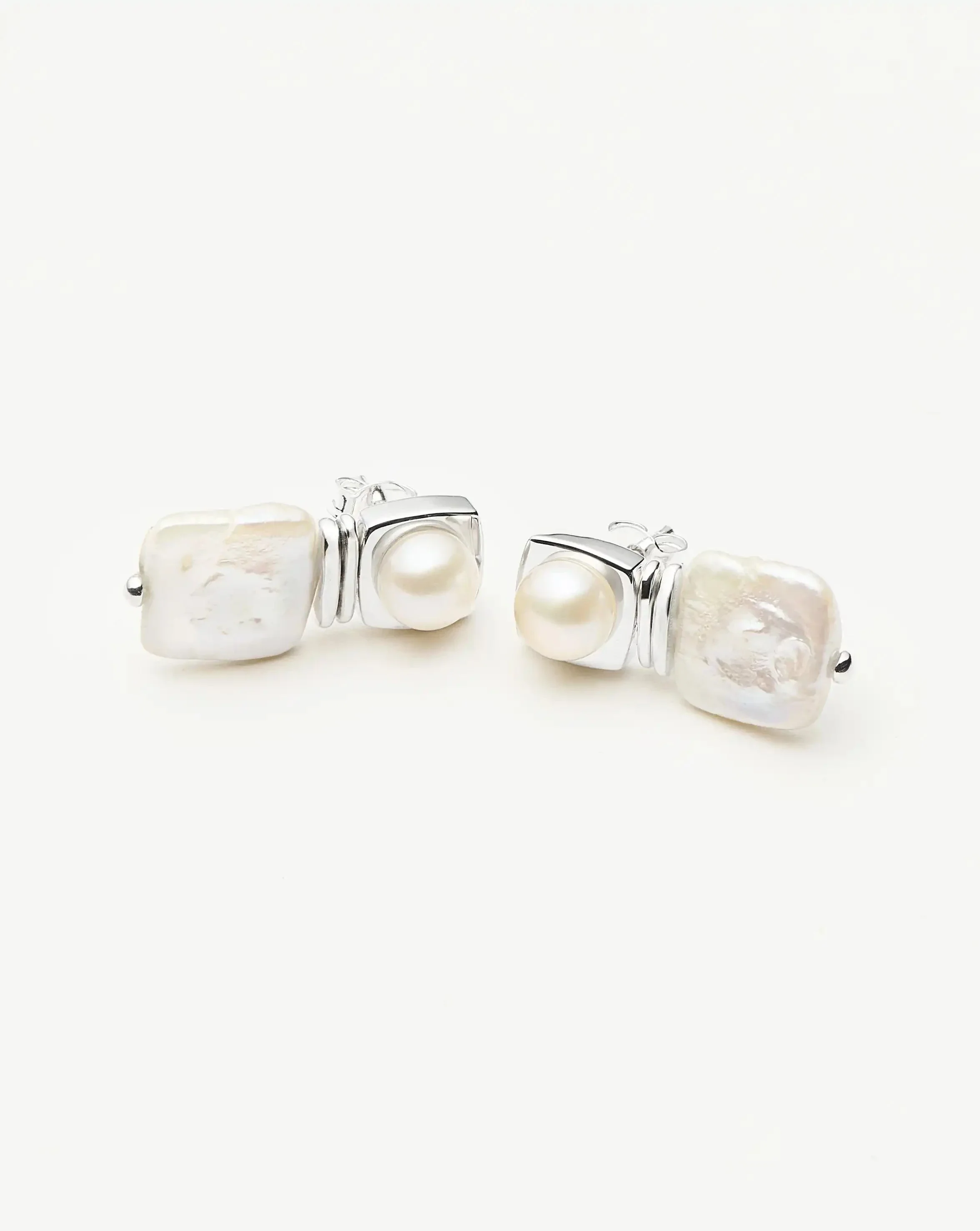 Square Pearl Small Stud Earrings | Silver Plated - Image 3